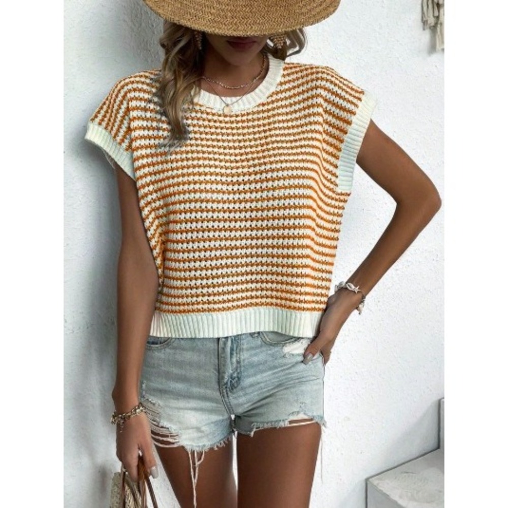 Knit Mix Sweater Vest White Orange Striped Textured Knit Boxy Preppy Coastal L